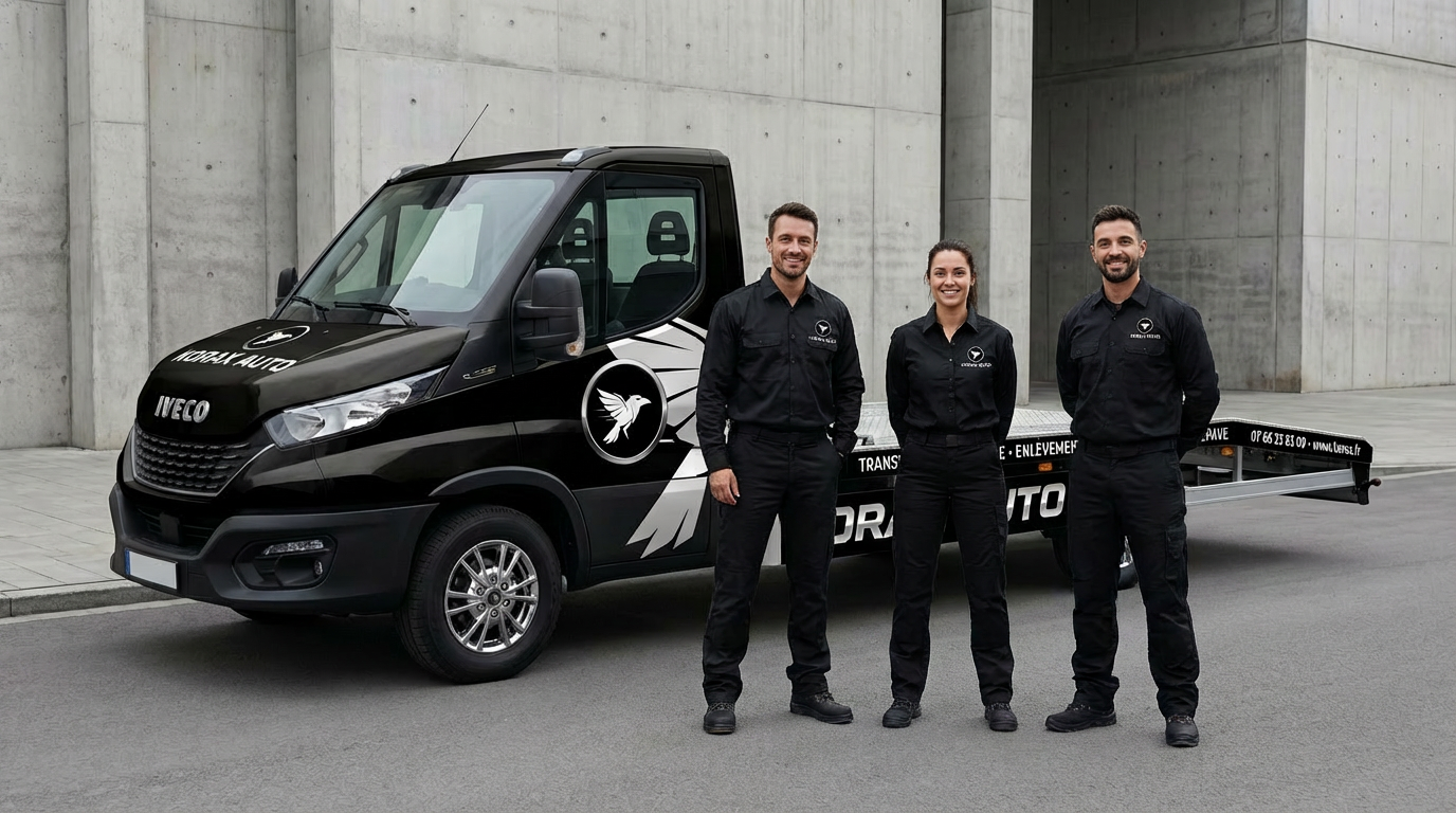 Équipe KORAX AUTO devant les camions